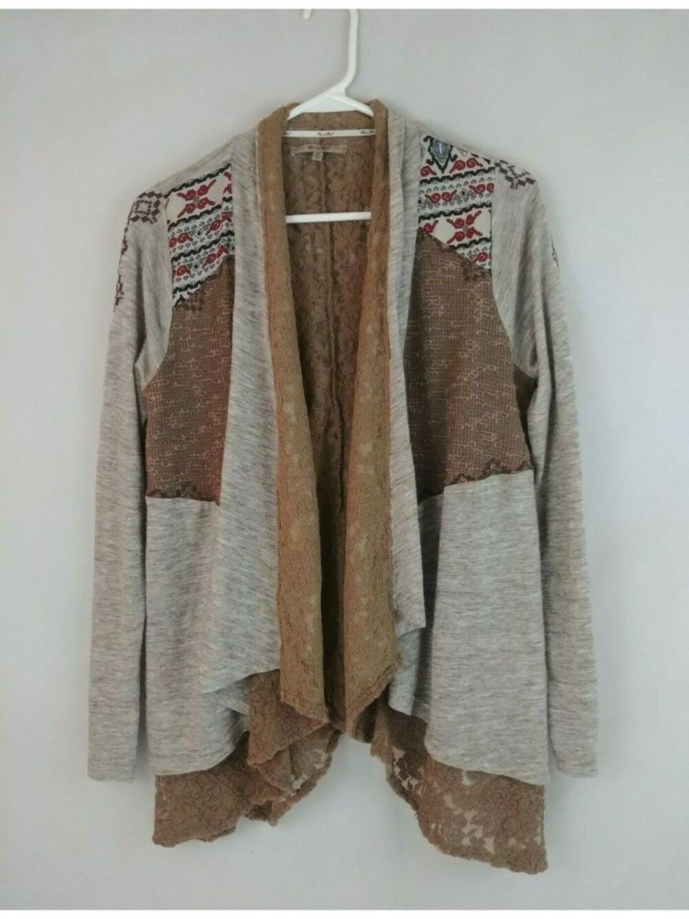 Miss Me 2 Layer Cardigan Sweater Southwest Aztec Lace Open Front Draped Size XS
